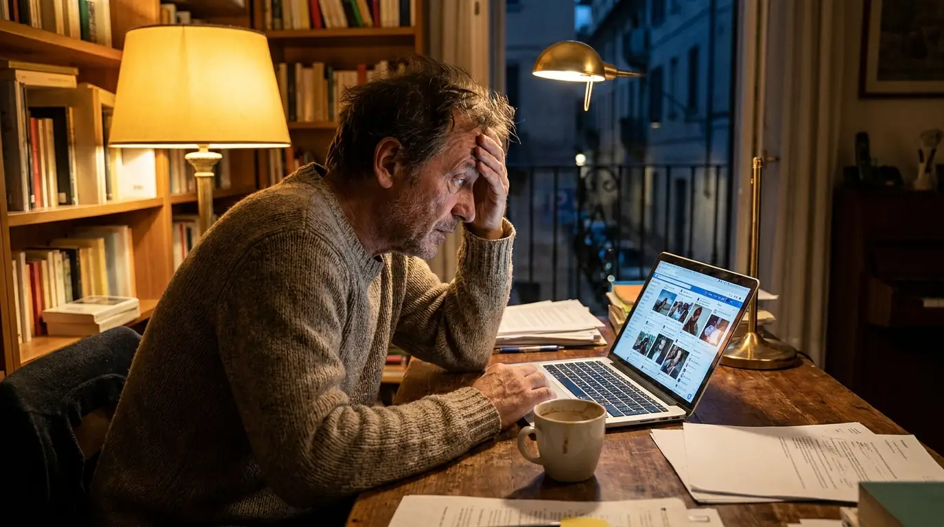 Imprenditore che gestisce da solo il marketing della propria attività la sera al computer
