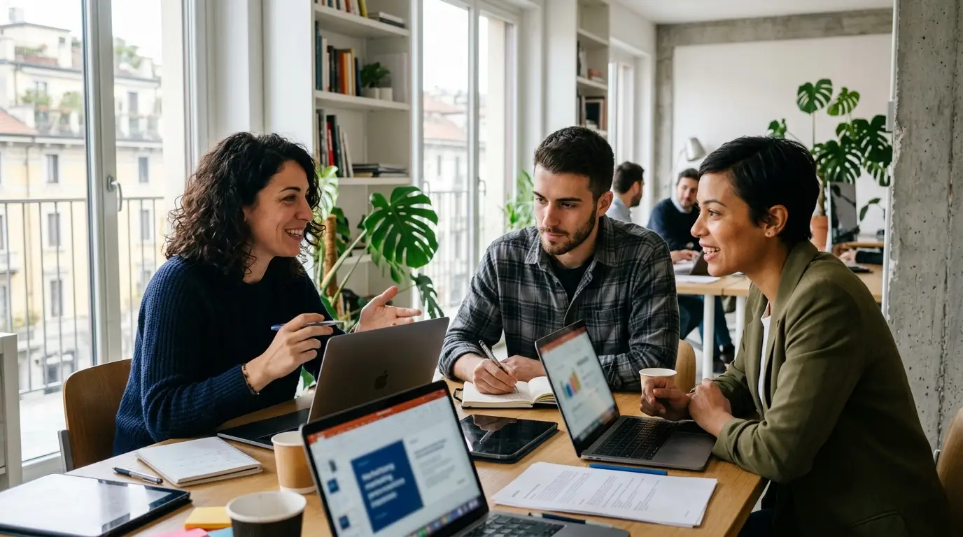 Team di un'agenzia di marketing che lavora insieme alla strategia di un cliente