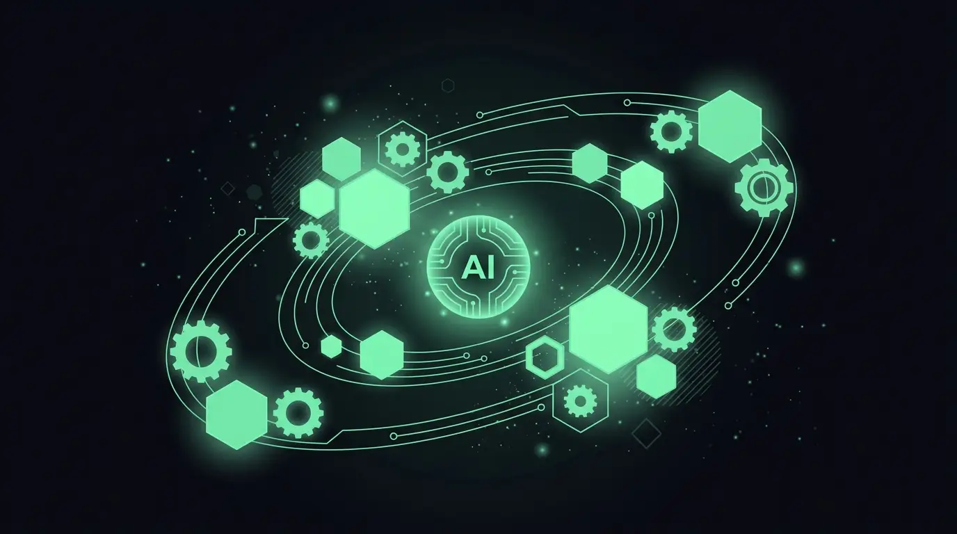 Rete di esagoni e ingranaggi luminosi attorno a un nucleo AI, a rappresentare l'ecosistema di agenti e partner del programma OpenAI