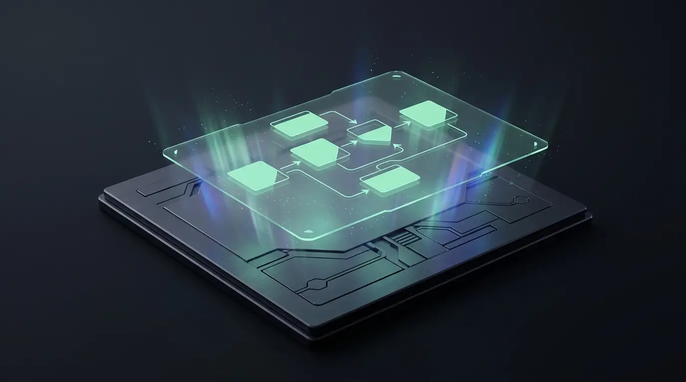 Diagramma olografico di un flusso di lavoro automatizzato sopra una scrivania scura, con blocchi collegati da frecce luminose