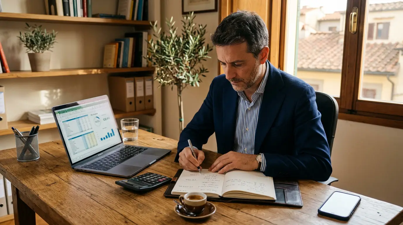 Imprenditore italiano calcola il ritorno del marketing alla scrivania