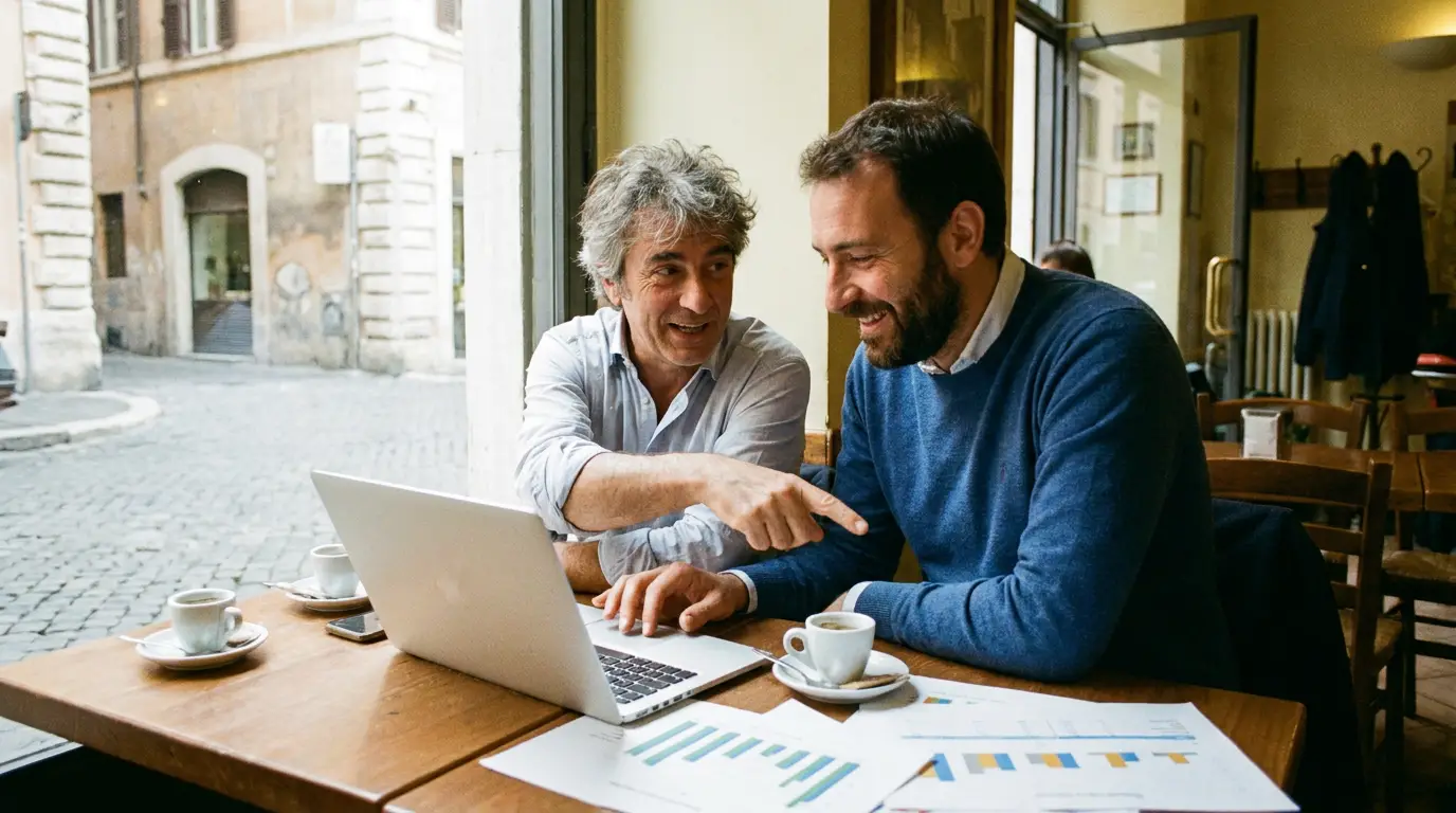 Due soci discutono la strategia di marketing davanti a grafici stampati