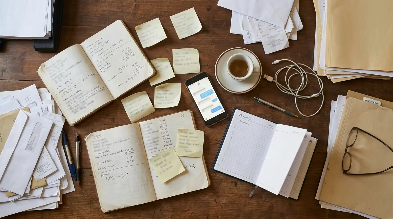 Scrivania disordinata con quaderno, post-it e smartphone: la gestione dei contatti senza un CRM