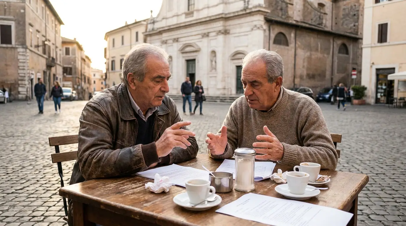Due professionisti italiani discutono un piano di marketing locale seduti al tavolino di un bar in piazza