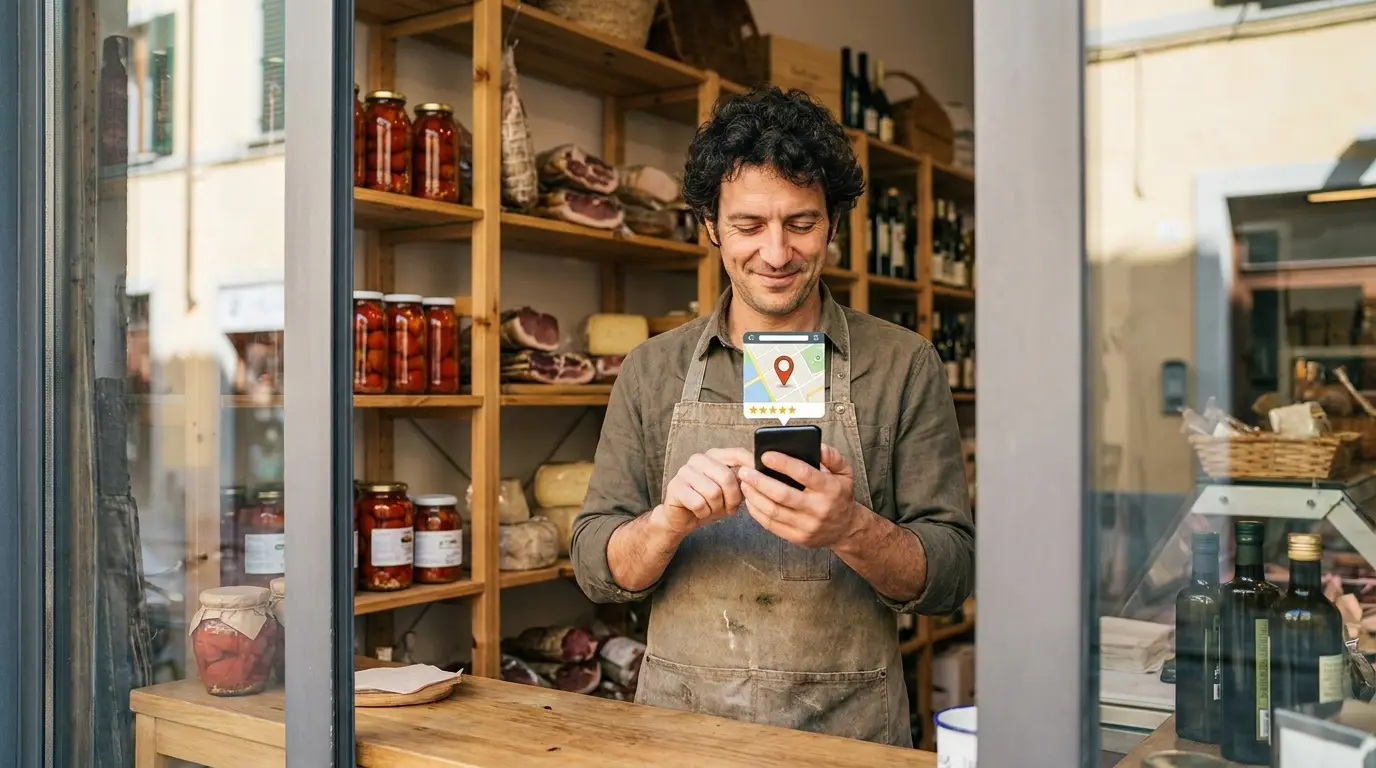Commerciante italiano che controlla recensioni e mappa sullo smartphone nel suo negozio