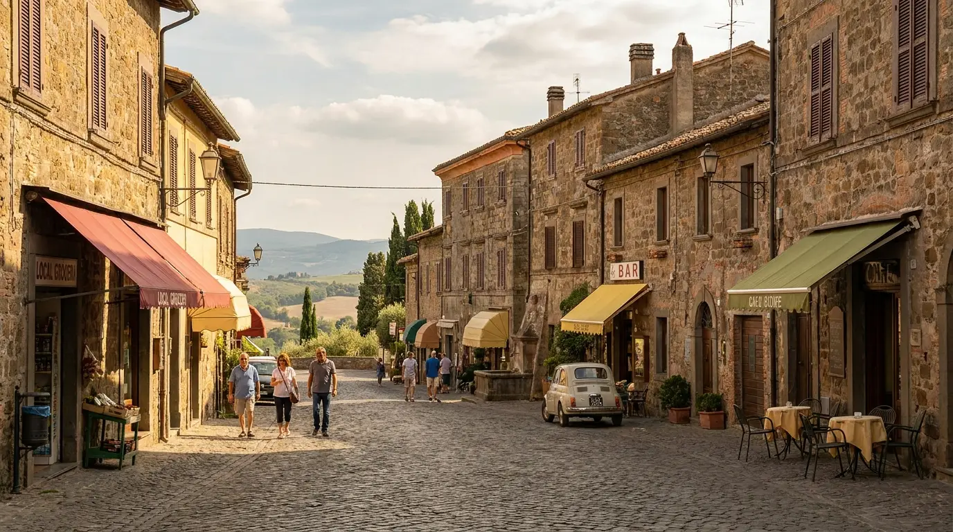 Via principale di un piccolo paese dei Castelli Romani con negozi locali