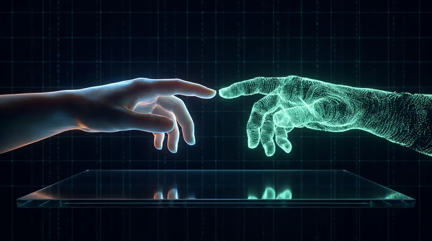 Collaborazione tra persona e intelligenza artificiale rappresentata da due mani che si avvicinano