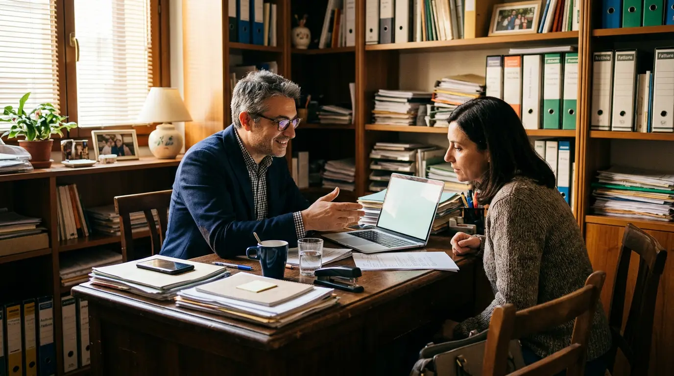 Professionista italiano mostra un documento a una cliente nel proprio studio