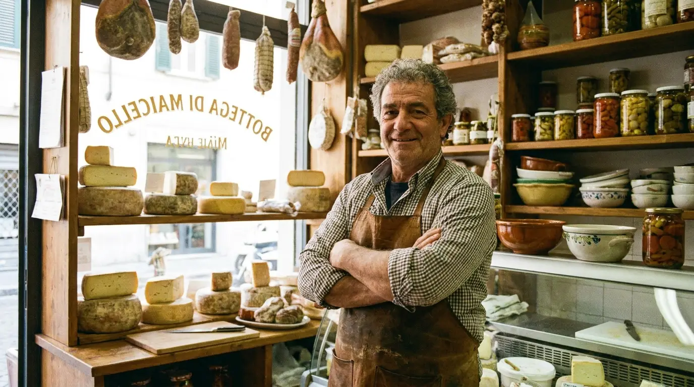 Titolare di un piccolo negozio italiano soddisfatto all'interno della propria attività