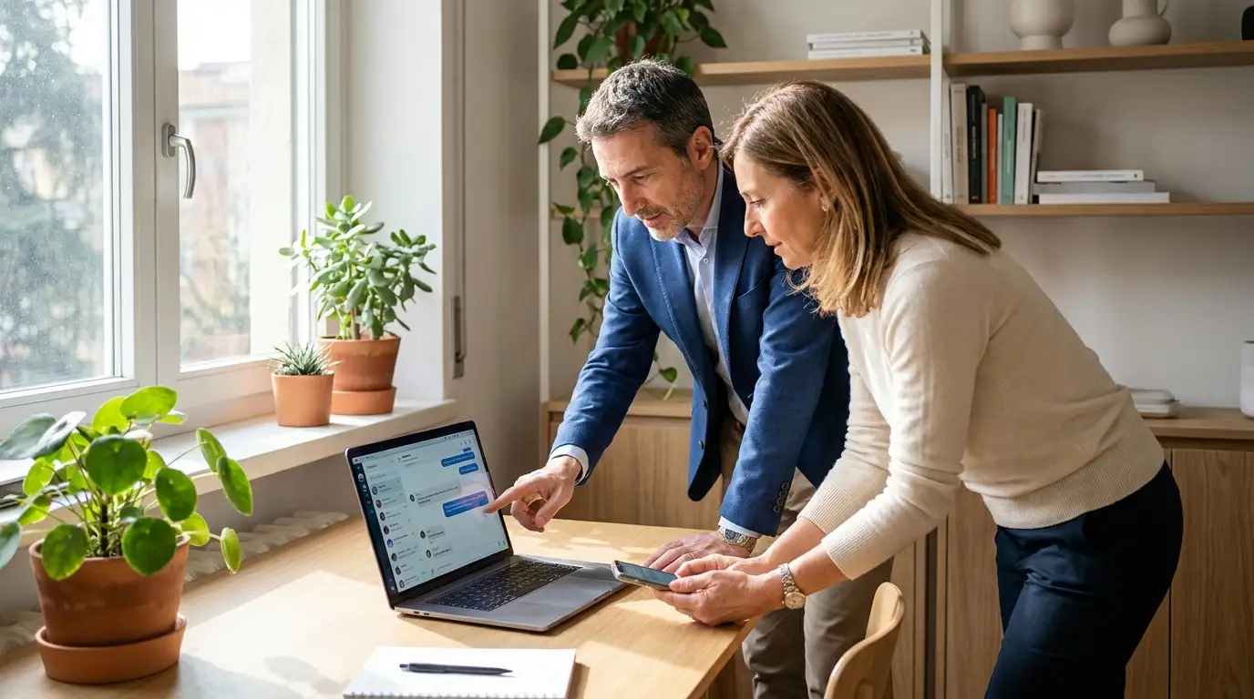 Due professionisti rivedono insieme le conversazioni con i clienti in ufficio
