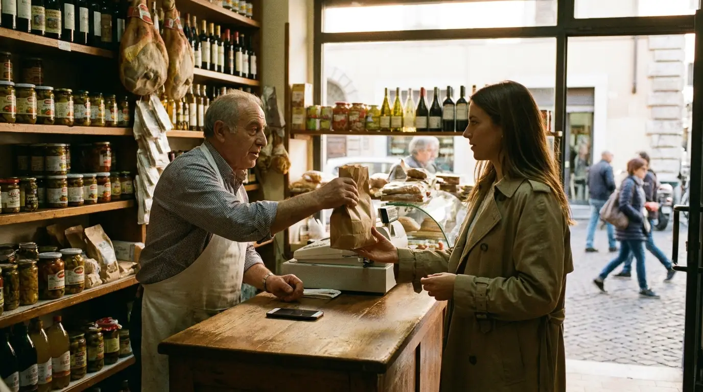Cliente servito rapidamente in un negozio di quartiere italiano