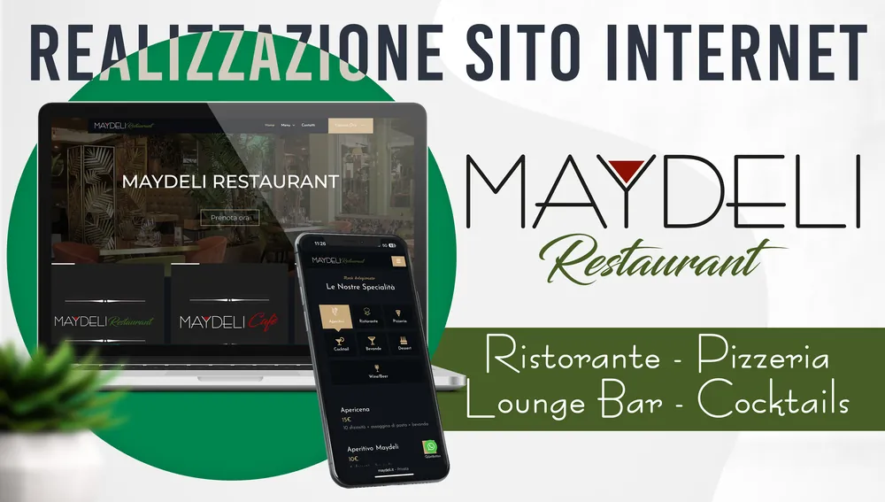 Sito di Maydeli Restaurant su computer portatile e smartphone: home con foto della sala e bottone Prenota ora, e menu diviso per categorie nella versione mobile