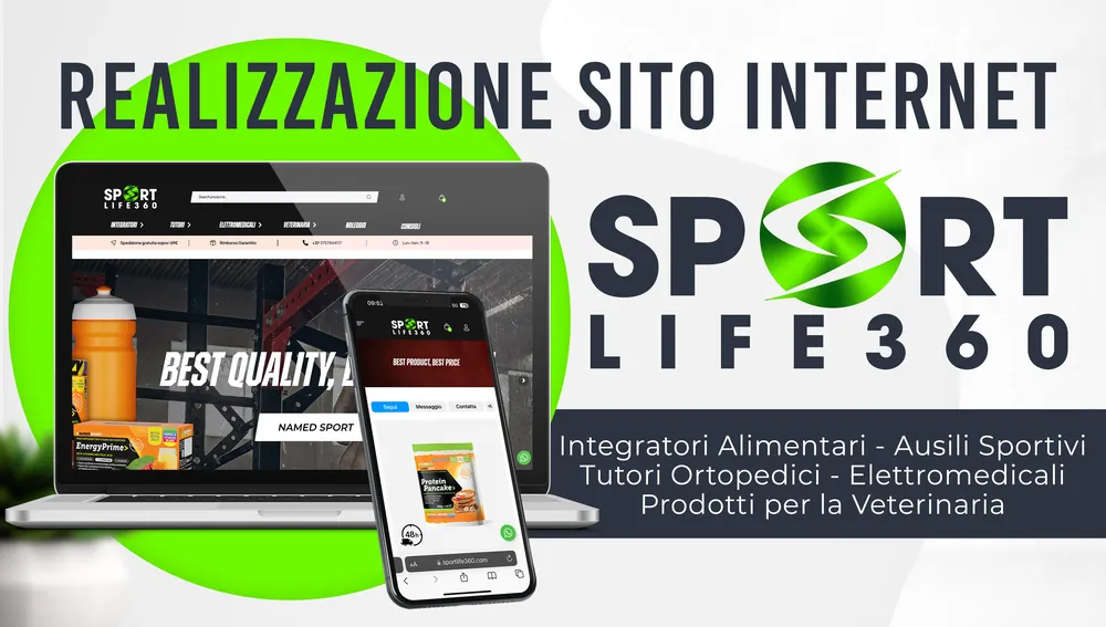 Sito di Sport Life 360 su computer portatile e smartphone: home dell'e-commerce con barra di ricerca e menu per categorie, e scheda prodotto nella versione mobile